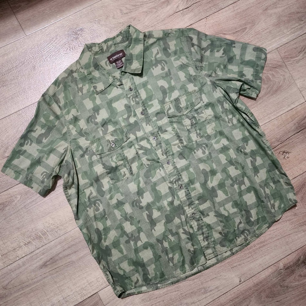 No Boundaries Mens 2XL Green Camo Grid Short Sleeve Button Up Utility‎ Shirt